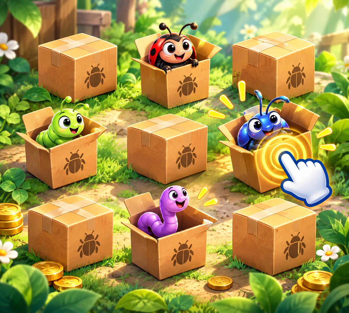 Crazy Click game art with cartoon bugs, cardboard boxes, and a click effect